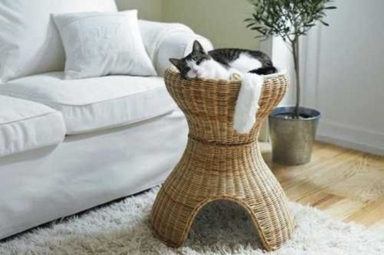 a raised basket cat bed is a fun idea and your cat will love being raised from the floor plus the bed adds a rustic feel to the space