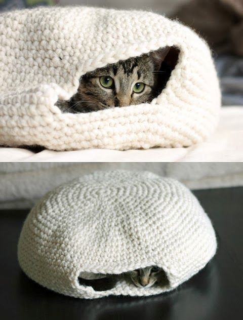 a crochet cave-like cat bed can be DIYed or bought, it's an easy spot to hide from everyone
