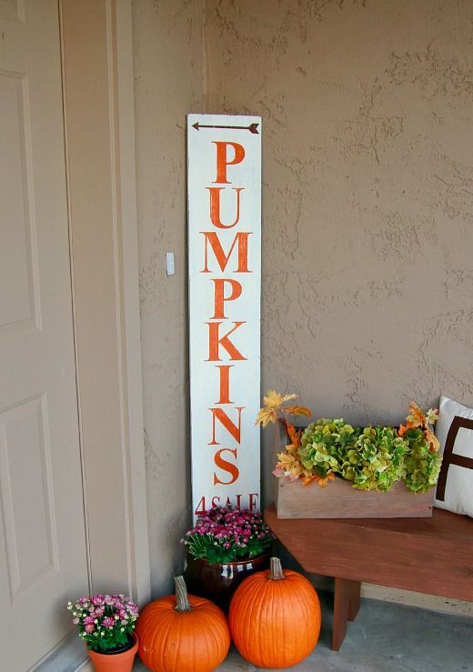 a simple Pumpkins For Sale sign surrounded with bright fall blooms and bright pumpkins will spruce up your fall porch