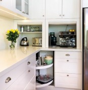 two mini cabinets with various appliances and jars is a cool idea to hide appliances when not in need