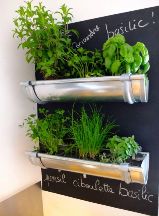 a mini garden with a chalkboard backdrop and some herbs growing, they all can be marked on the chalkboard