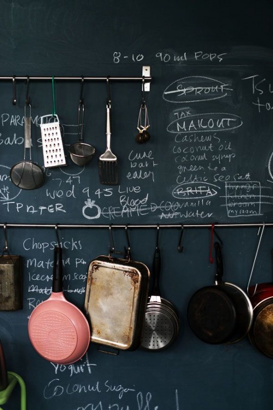 a chalkboard with railings and hooks is a stylish idea for many kinds of kitchens, whatever style you prefer