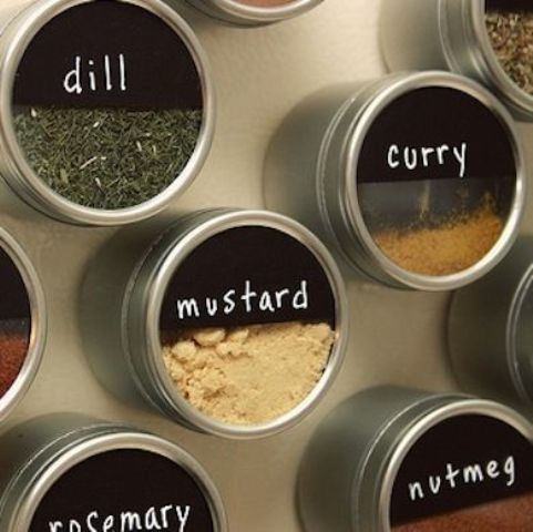 a metal board with magnet spice containers with chalkboard marks to show where and what you have