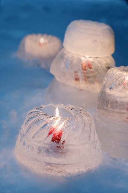 pretty and cute ice luminaries made using pudding molds are a cool and sweet idea, they won't be large but the shape will be cooler