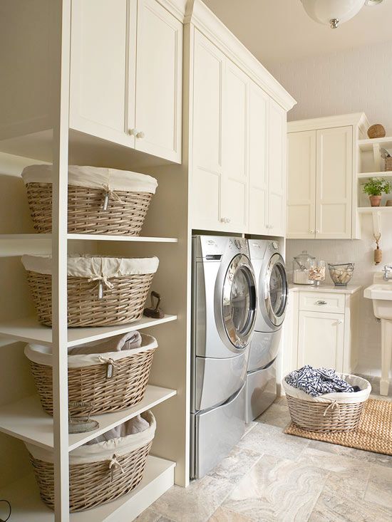 a chic neutral laundry with shaker style cabinets, baskets for storage, a stainless steel washing machine and dryer