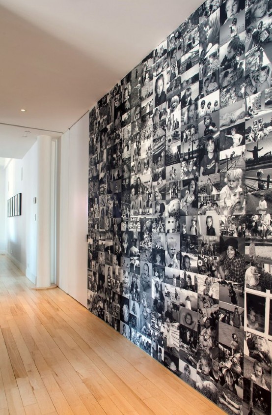 a whole wall covered with various black and white family photos is a cool and bold statement for any space, use any blank wall of your home