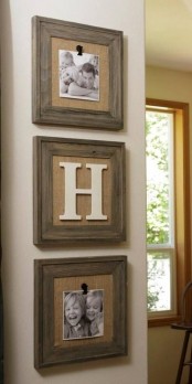 a rustic mini display with photos attached to burlap and framed with stained frames is a chic idea with a cozy feel