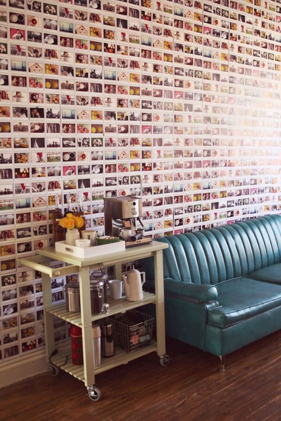 a whole wall covered with colorful Instagram pics all over is a perfect idea for social net fans and it brings a touch of fun