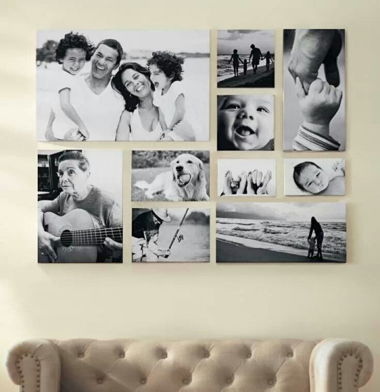 una muro de galería en blanco y negro con fotos sin marco que combinan para crear una forma cohesiva