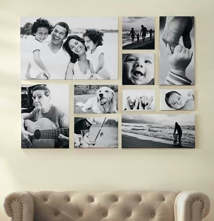 a black and white gallery wall with unframed pics that match to create a cohesive shape