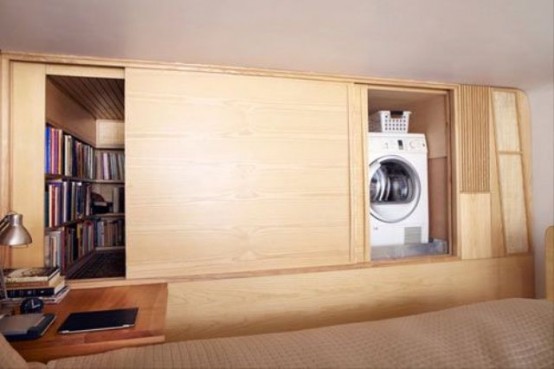 A washing machine could be hidden in a built-in closet right in a living room.