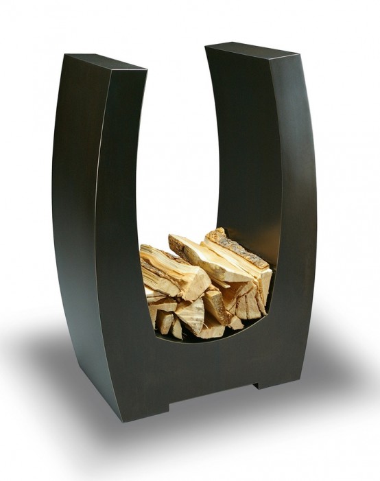 a sleek metal firewood stand is a lovely idea for any modern or contemporary space, reminds of a horseshoe but in a more modern shape