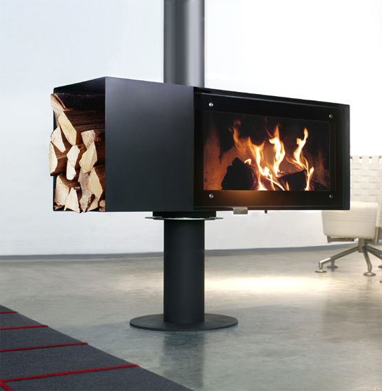 a contemporary fireplace with a small fiirewood storage compartment on the side is a very stylish and cool solution for any space