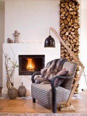 stack your firewood right next to the fireplace making the room cozy, welcoming and warm
