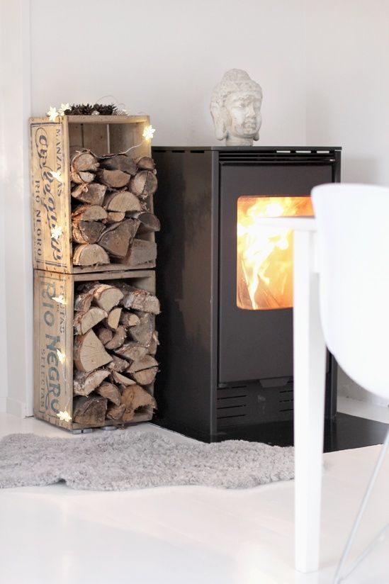 simple crates with firewood and star lights are great to add a charming wintry touch to the space