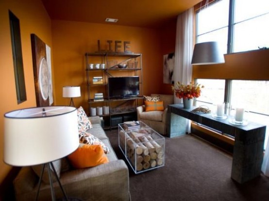 an acryclic chest with firewood is a nice coffee table that brings decor value to the space