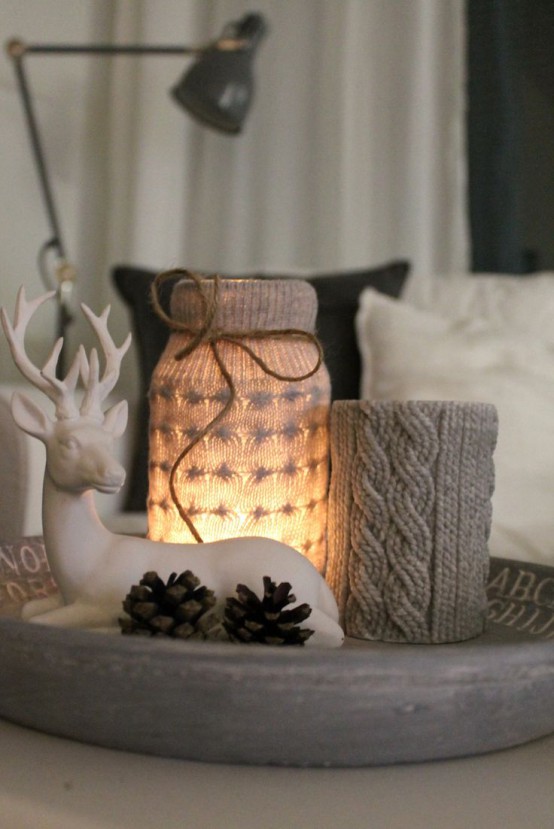 neutral knit candleholder cozies with patterns are amazing for Christmas, they will make your space cozier and more welcoming