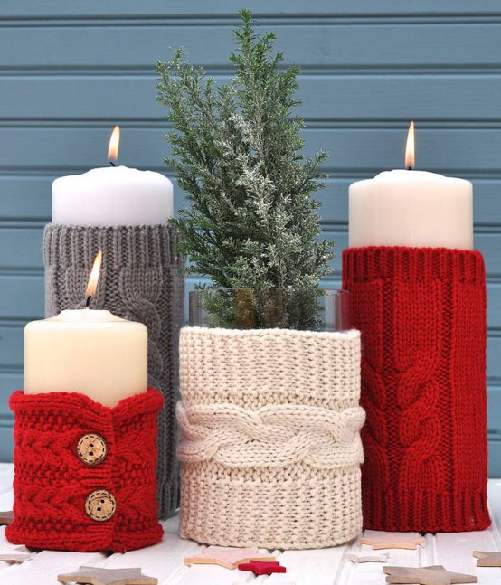 grey, white and red braided knit cozies are amazing for styling for candles and a vase for Christmas and will add warmth to the space