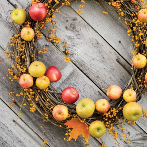 a natural fall wreath of vine, with mini apples and branches with berries is bright and fun and can be easily assembled