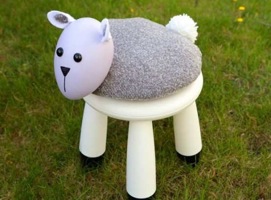 a white IKEA Mammut stool spruced up with a sheep-like pillow on top will look fun and cheerful