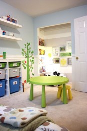 a neon green table and a sunny yellow IKEA Mammut stool for a cheerful and fun kids’ space