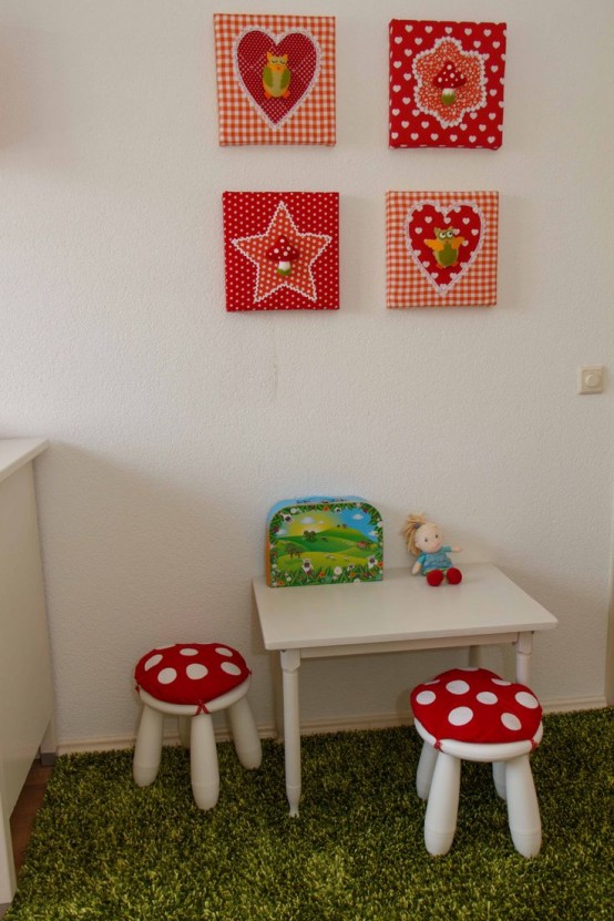 white Mammut stools with bright pillows on top look like little mushrooms and your kids will be delighted to sit on
