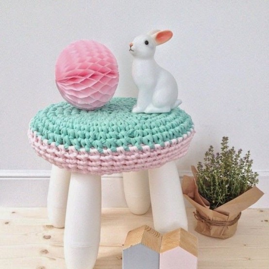 a pastel pink and mint crochet cover will make this IKEA Mammut stool bright and soft to sit on