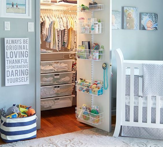 a well-organized closet with wire baskets, sheer acrylic boxes, clothes hangers