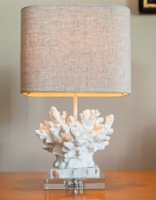 a lovely rustic coastal lamp with a coral base and a burlap lampshade is a lovely and pretty idea to rock