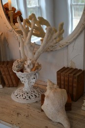 a vintage urn with sea foam and corals is a very creative and cool idea to decorate a seaside home