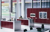 a contemporary deep red, white and stainless steel kitchen with sleek panels and a glazed wall is a very chic space