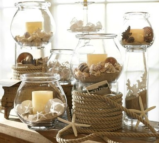 jars with beach sand, starfish, seashells and candles, rope covered jars and rope will make the mantel look beach-like and cozy