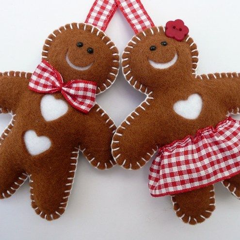 pretty felt gingerbread cookie decorations - a boy with a plaid bow and a girl in a plaid skirt for rustic holiday decor