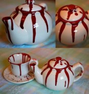 bloody teaware and mugs are cool for a Dexter-themed Halloween party, you can decorate it yourself if you want