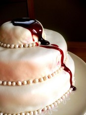 a white Halloween party cake with bloody dripping is a classic idea for any Halloween party, it’s great for Dexter parties, too