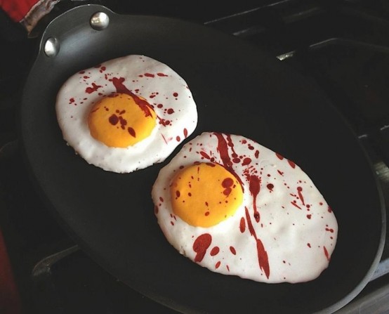 bloody fried eggs are ideal for a Dexter-themed party - remember he always made them for breakfast