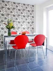 Dining Room With Bright Red Chairs