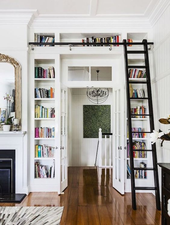 a doorway wall dotted with niche bookshelves and with a ladder to get all the books is a cool idea to rock anytime