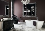 a sophisticated Gothic bathroom with purple walls, a vintage vanity, a modern tub, a black chair and large mirrors in beautiful frames