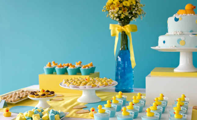 duck-themed dessert table for a gender neutral baby shower