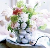 a wire basket with pink, red and white blooms and green hydrangeas for Easter