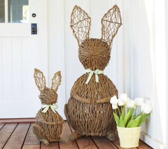 funny vine bunnies and potted white tulips are a fun and whimsy idea for Easter decor