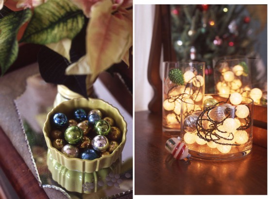 Holiday ornaments in vases