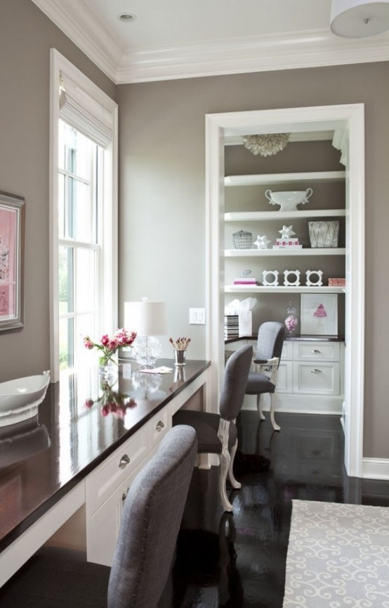 a light grey and white home office with a double desk, refined white furniture and accents to refresh the space