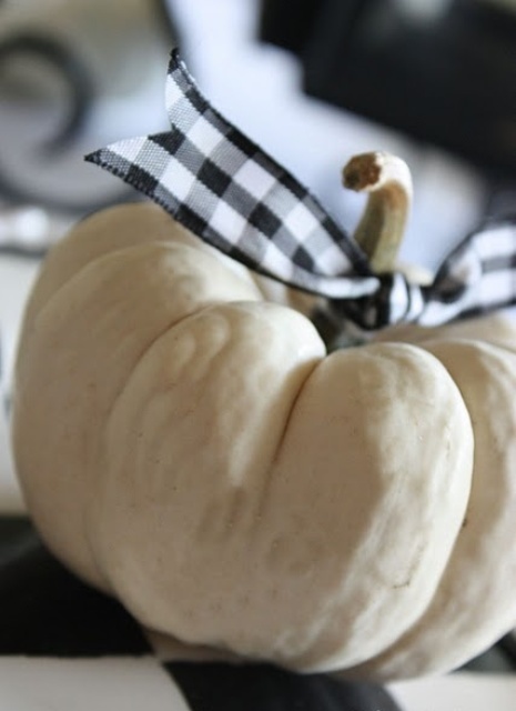 decorate a white pumpkin with black and white checked ribbon and voila - you got a natural and cool Thanksgiving decoration at once