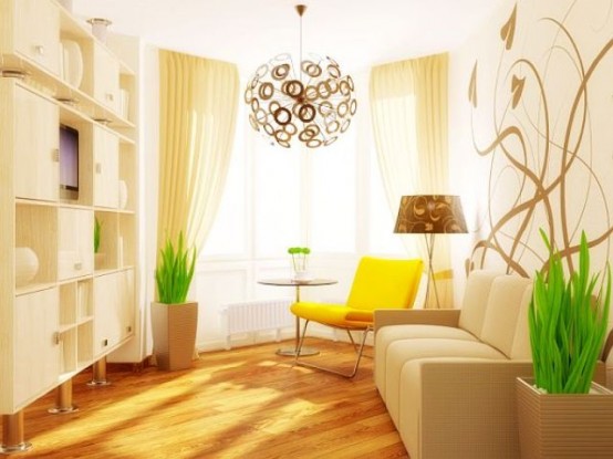 a small bright living room with a white wall taken by a storage unit, a sofa, a yellow chair, potted greenery and a sphere lamp