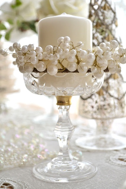 clear glass candleholders with pillar candles and pearls are amazing for vintage Christmas decor in white or neutrals