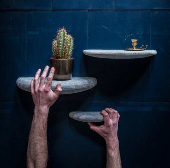 Fabric Covered Floating Shelves That Look Like Stones