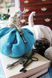 blue and white fabric pumpkins with twine and vintage keys are bright and easy shabby chic decorations for the fall