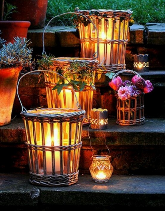 Woven lanterns is a great solution to light up your front porch stairs.